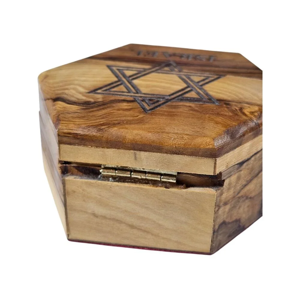 Handcrafted Olive Wood Jewelry Trinket Box Star of David Israel Hexagon Felt